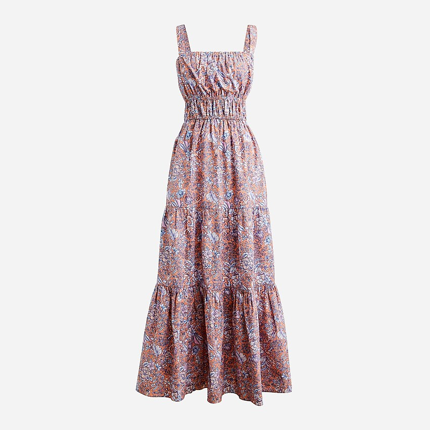 Tiered midi dress with removable straps in bouquet block print | J. Crew US