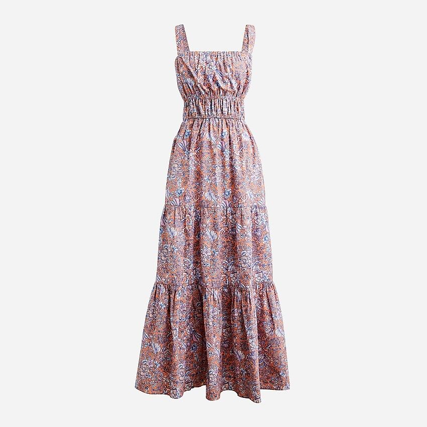 Tiered midi dress with removable straps in bouquet block print | J.Crew US