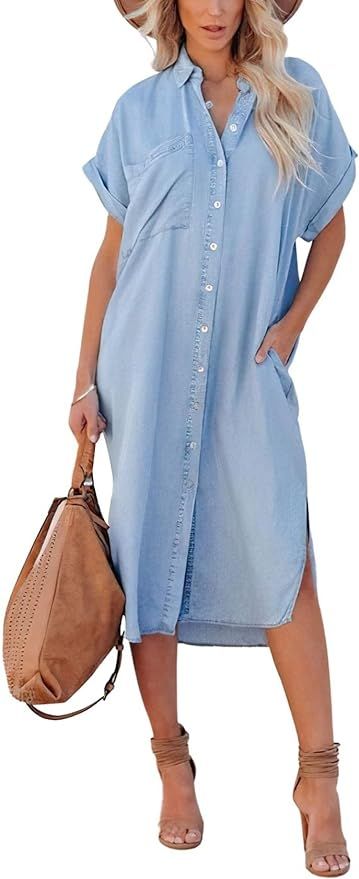 chouyatou Women's Summer Loose Hand Pocket Midi Long Tunic Denim Shirt Dress | Amazon (US)