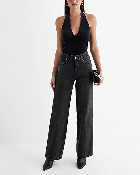 High Waisted Washed Black Raw Hem Wide Leg Jeans | Express