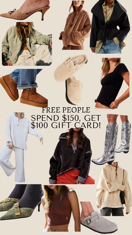 Free People has an AMAZING deal going on right now! Spend $150 and they will email you a $100 gift card within 10 days! SO SO many good items!

Shoes, lounge wear, tunic, cowboy boots, Birkenstocks, sweatshirts, pullovers

#LTKGiftGuide #LTKsalealert #LTKstyletip