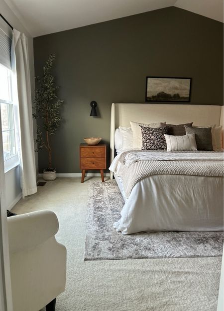 Neutral bedroom, bedroom decor, large area rug, bedroom rug, white linen bed frame, white accent chair, chair for bedroom, throw blanket, throw pillows, pillow covers, sconce lights, bedroom sconces, white comforter, wooden nightstands, Target decor, olive tree, decorative wooden bowl

#LTKhome #LTKsalealert