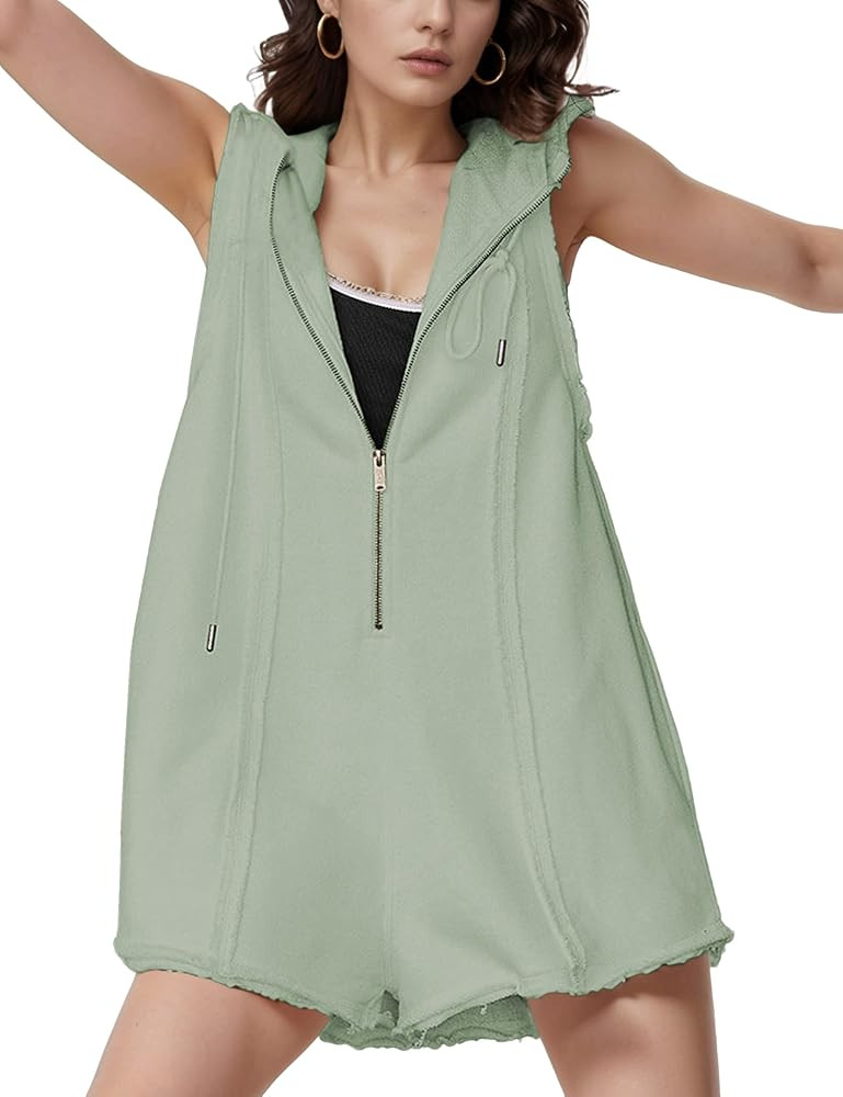 Rompers for Women 2025 Comfy Athletic Workout Sweatshirt Romper Casual Hooded Sleeveless Jumpsuit... | Amazon (US)
