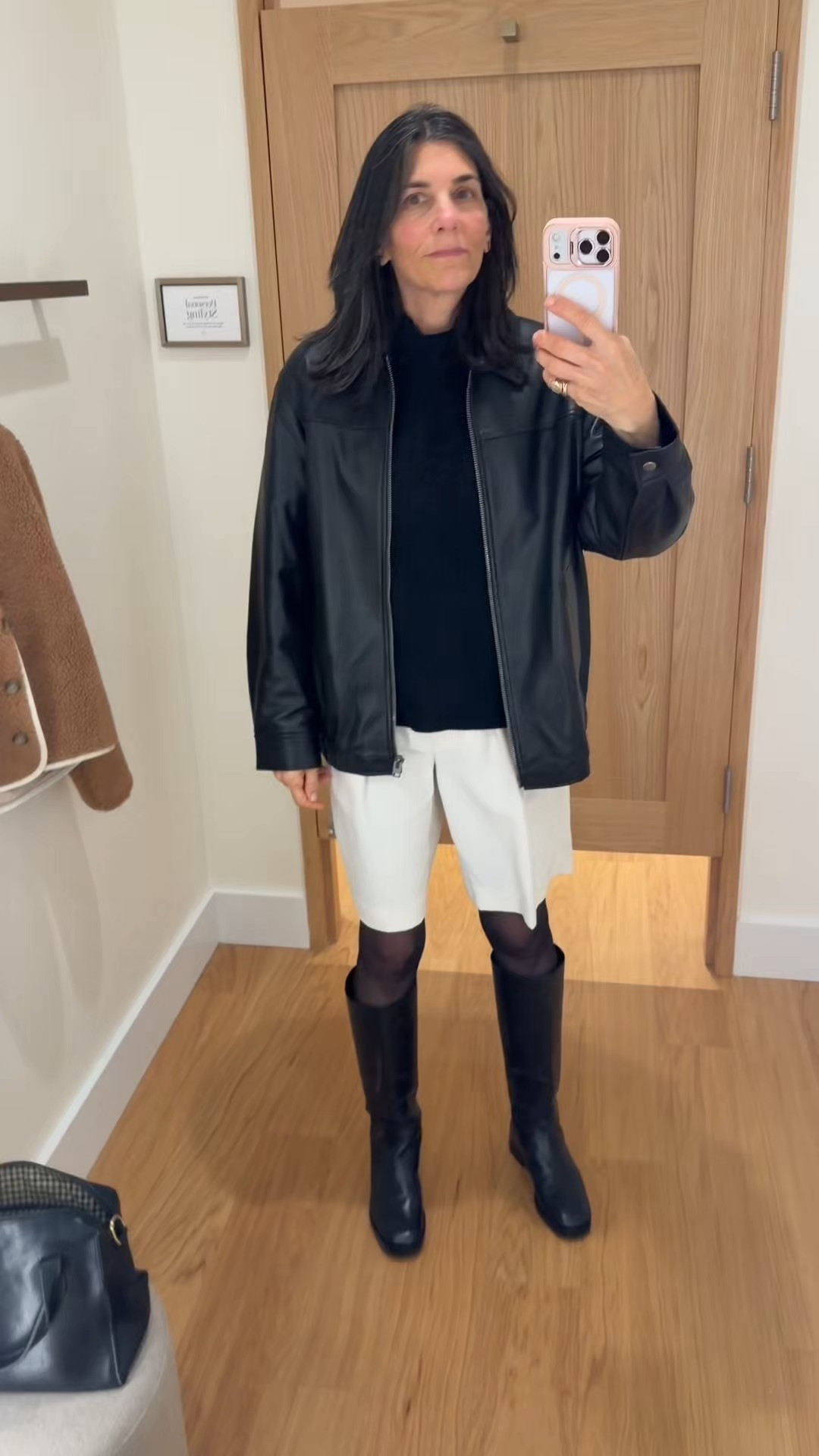 Winter shorts with a leather jacket and boots