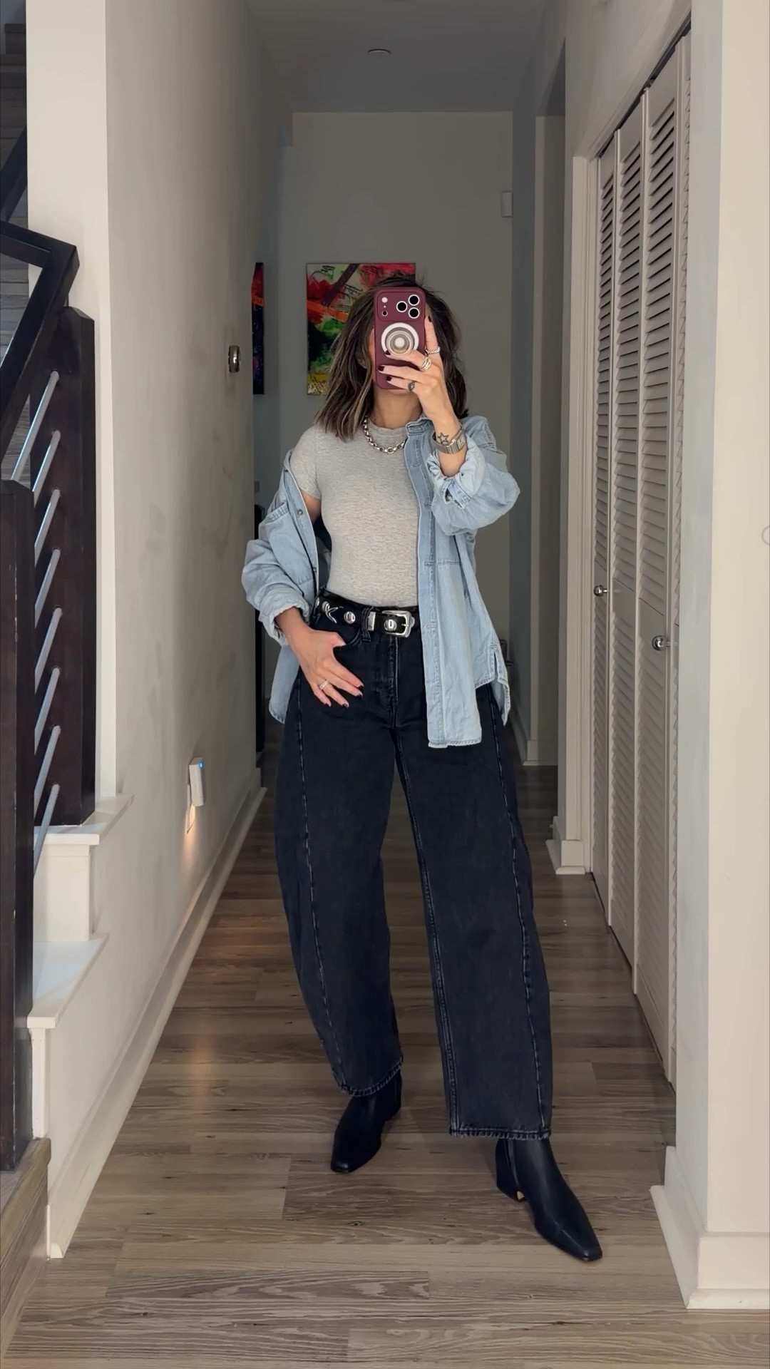 Casual work outfit ⚡️ This grey bodysuit is the best from Skims. It sucks you all in and the material is so soft. Styled with black barrel jeans and a denim shirt with ankle booties. 

Casual outfit, ootd, work outfit, spring outfit, The Stylizt 

#LTKSpringSale #LTKWorkwear #LTKootd