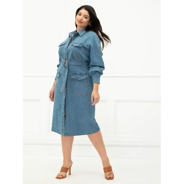 ELOQUII Elements Women's Plus Size Belted Denim Utility Dress | Walmart (US)