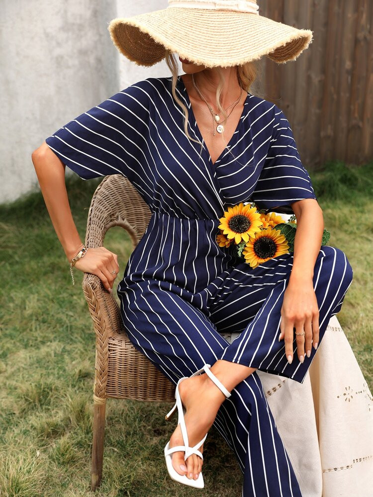 Striped Print Batwing Sleeve Surplice Neck Jumpsuit | SHEIN