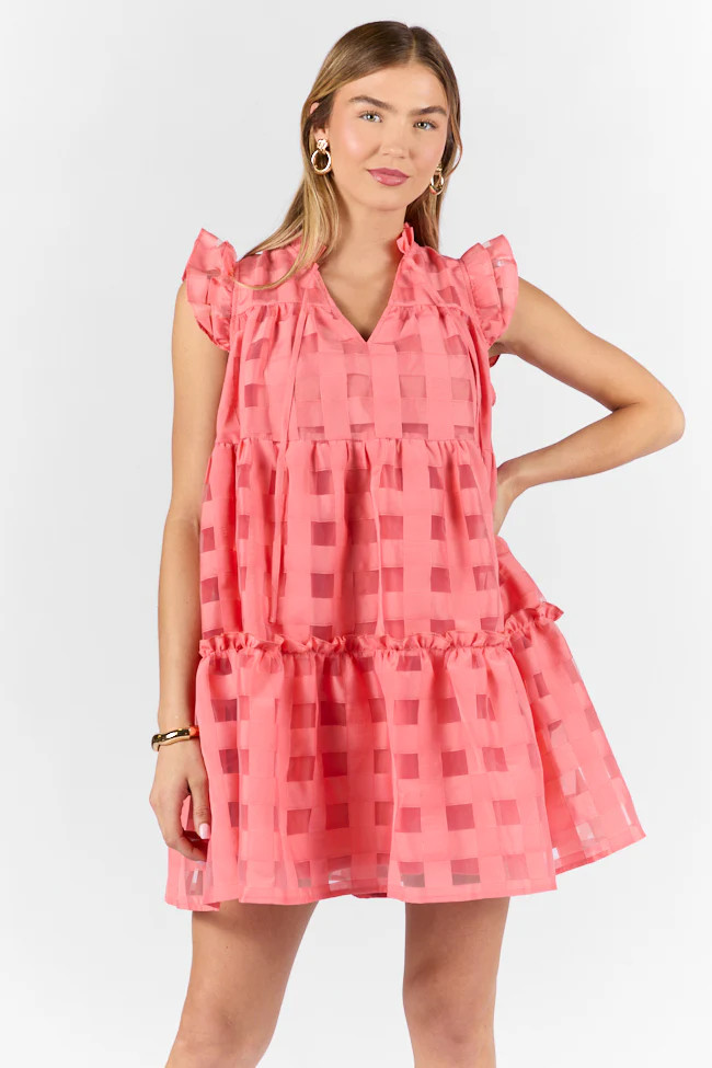 On The Line Coral Ruffle Shoulder Textured Mini Dress | Pink Lily