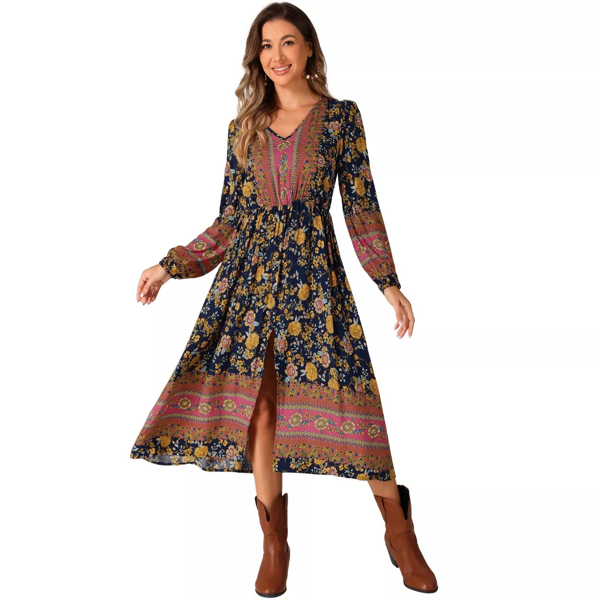 Allegra K Women's Floral Long Sleeve V Neck Elastic Waist Split A-Line Midi Dress | Target