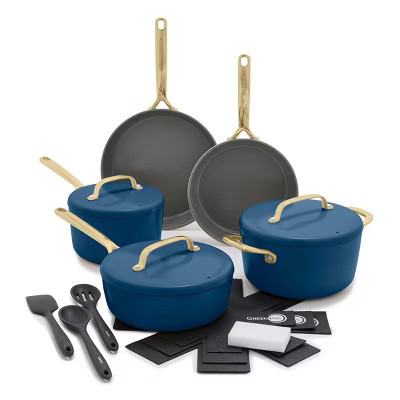 GreenPan GP5 14pc Hard Anodized Ceramic Nonstick Cookware Set Marine Blue: Induction Compatible, Stainless Steel Handles | Target