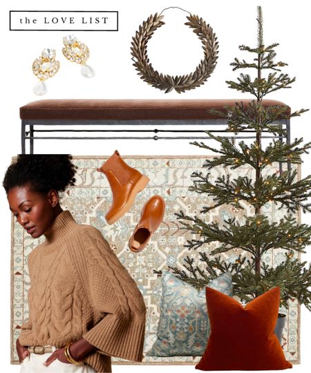 Coppery hues come to the forefront with this wrought iron and velvet bench, tufted Persian style wool rug, and bronzed laurel festive swag. Keep it chic in a camel coloured flare sleeve sweater, oversized crystal statement earrings and leather Chelsea boots. // winter fashion, Christmas decor, living room furniture, holiday fashion, work wear 

#LTKhome #LTKSeasonal #LTKHoliday