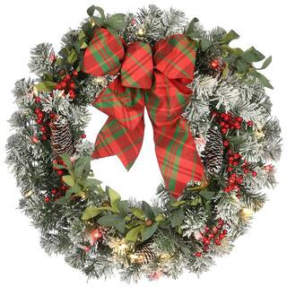 24 in. General Store Snowy Artificial Christmas Wreath with LED Lights and Bow | The Home Depot