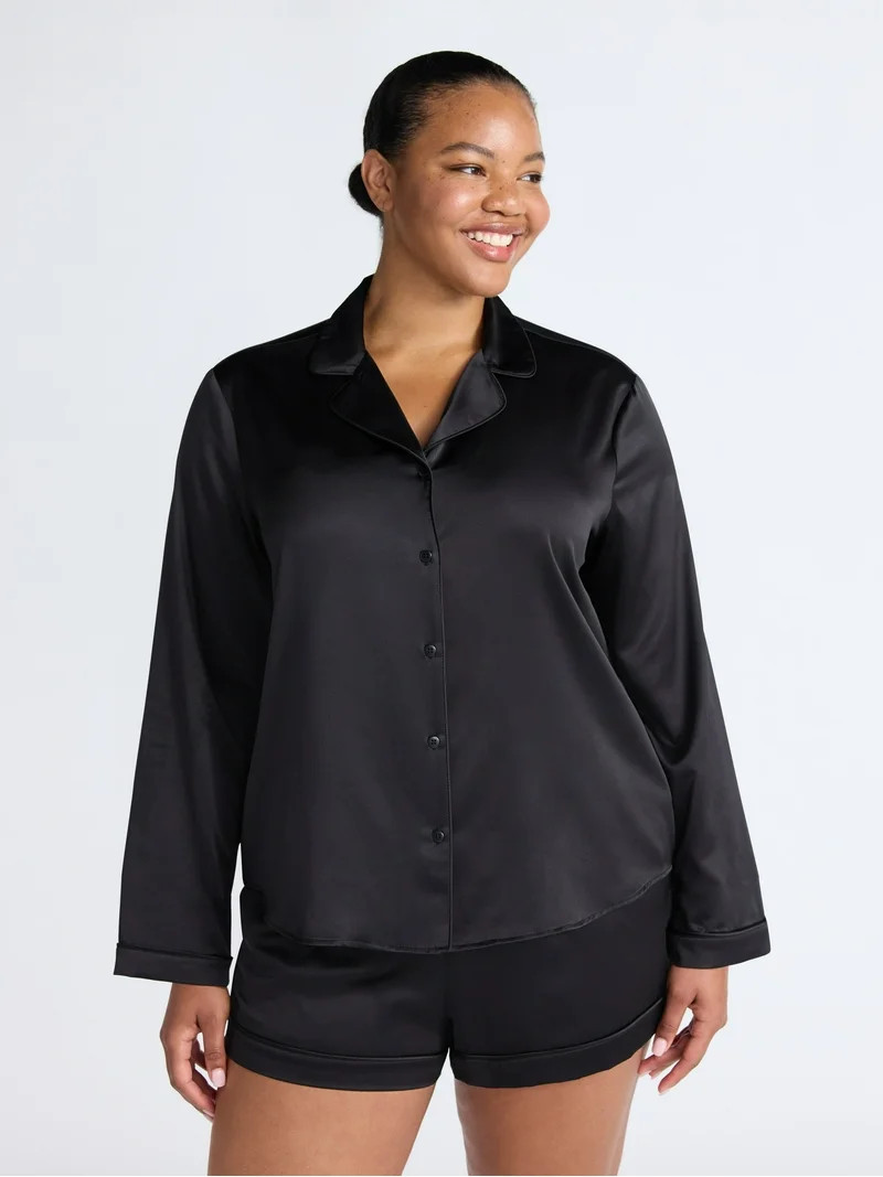 Joyspun Women’s Stretch Satin Notch Long Sleeve Top and Shorts Pajama Set, 2-Piece, Sizes XS-3X | Walmart (US)