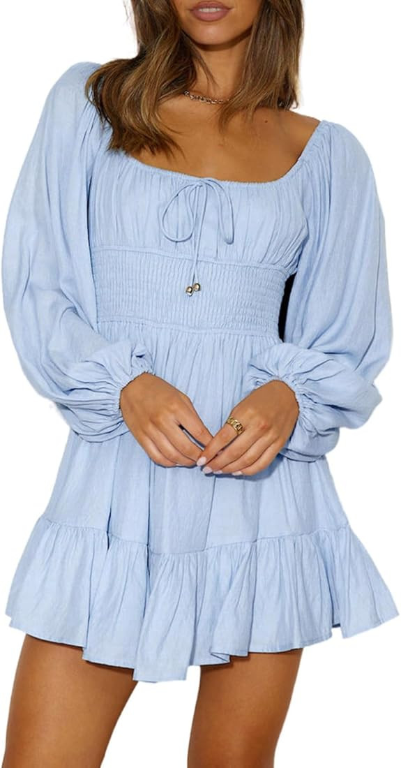 Dokotoo Womens Dresses Square Neck Long Puff Sleeve Elastic Waist A-Line Casual Mini Dress | Amazon (US)