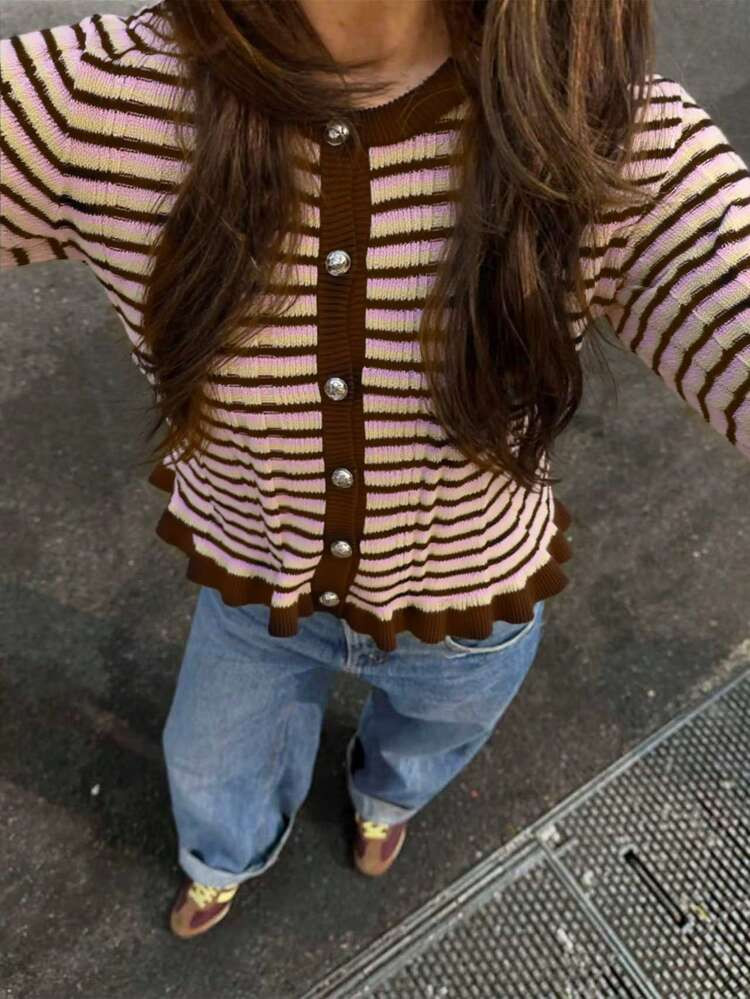 SEREN New Autumn And Winter Striped Color Blocked Round Neck Button Long Sleeved Knitted Cardigan For Women, Slim Fit Hem With Black Fungus Edge Sweater Cardigan Top,Going Out Tops Women,Retro Leisure, Street Style Christmas | SHEIN