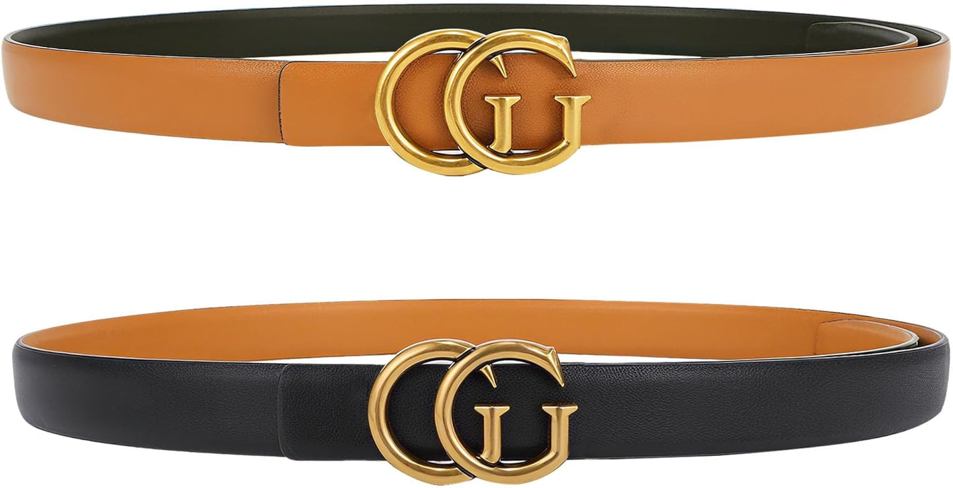 Women Reversible Leather Belt with Fashion G Gold Buckle for Dresses, Jeans, and Coats,width 0.9" | Amazon (US)