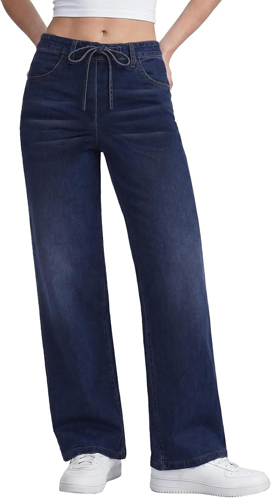High Waist, Adjustable Drawstring, Pull On Trousers with Pockets, Soft Stretch Denim, Boyfriend S... | Amazon (US)