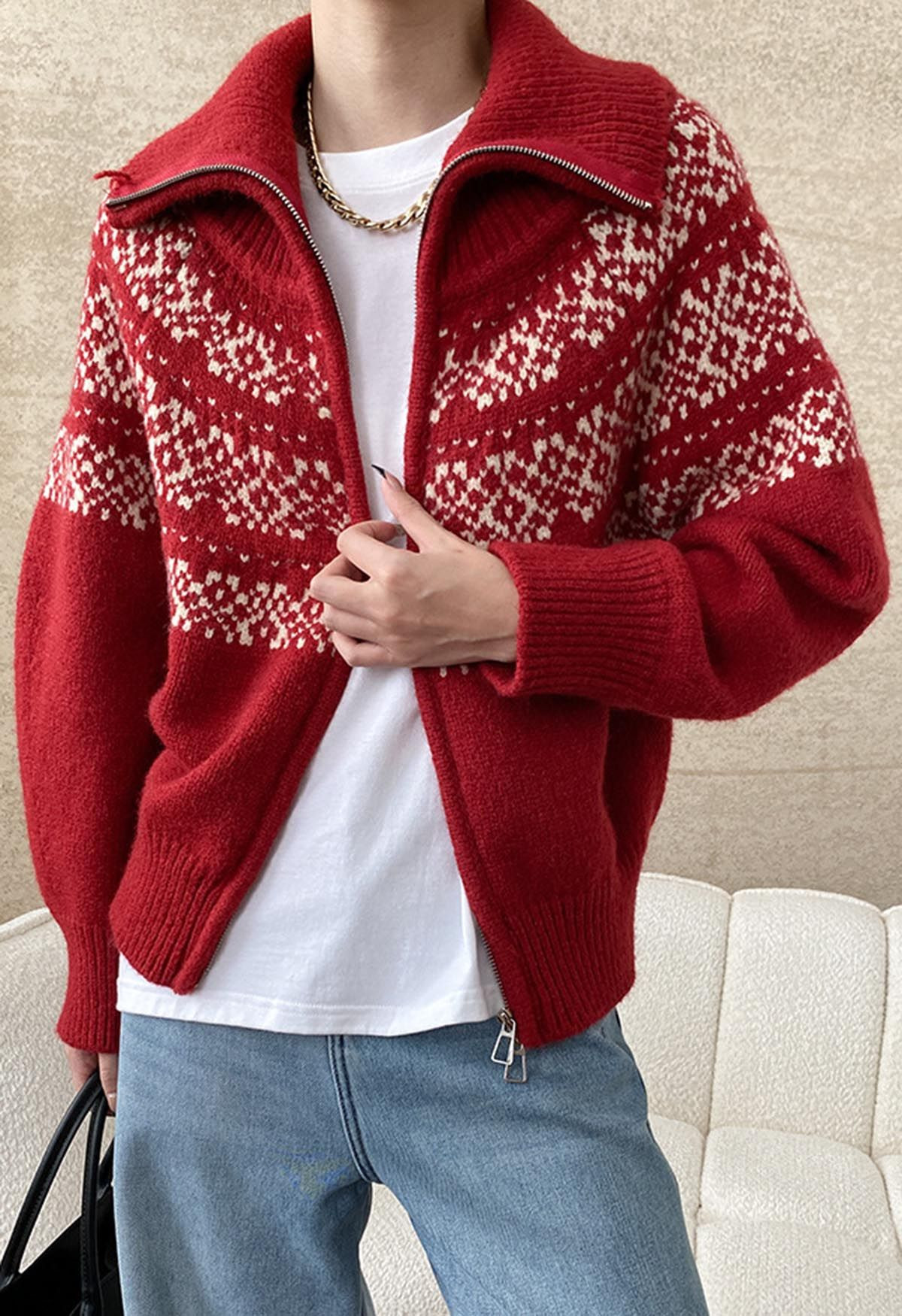 Double-Zip Fair Isle Jacquard Knit Cardigan in Red | Chicwish