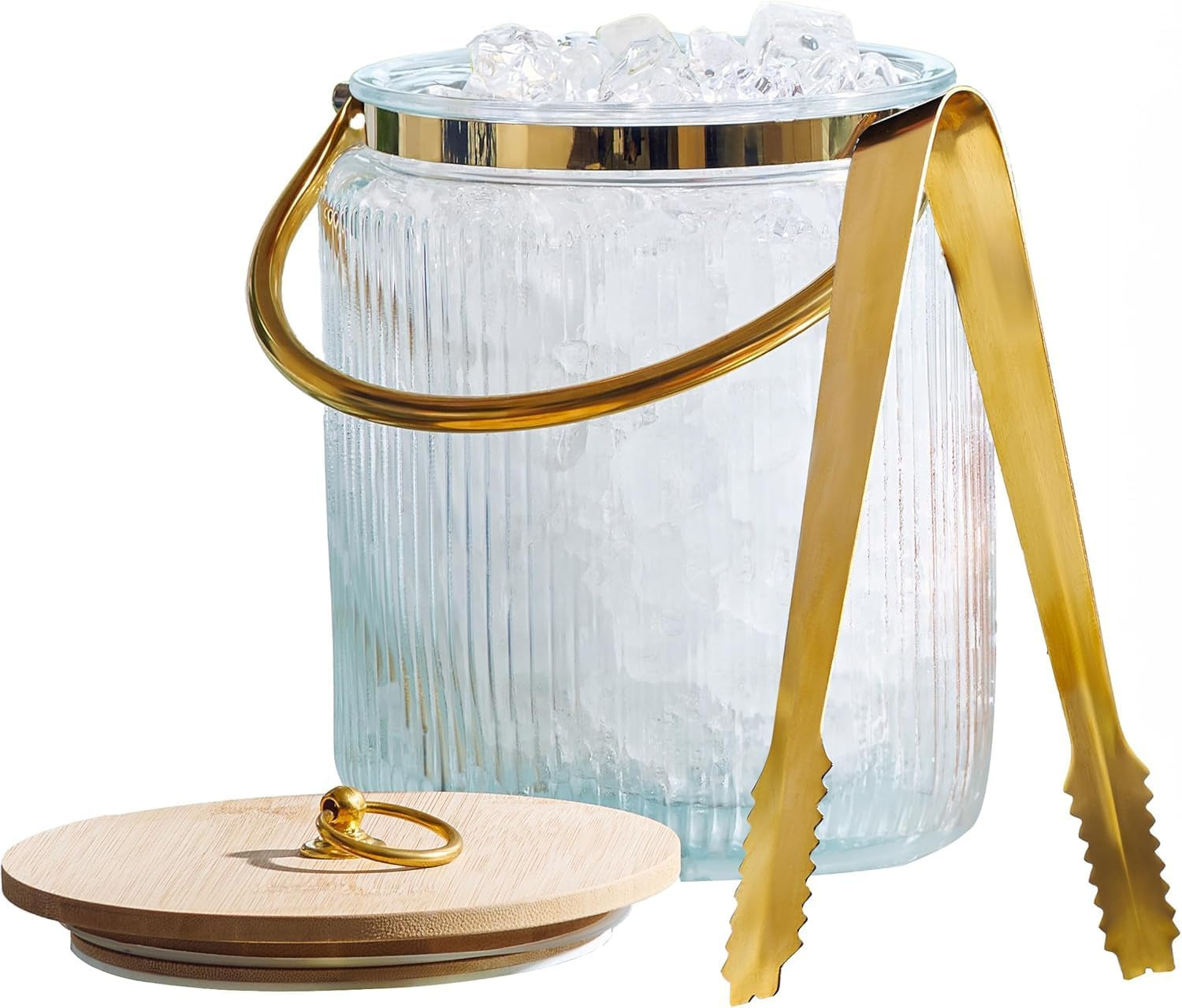 Glass Ice Bucket with Airtight Lid, Ice Tong Scooper and Handle - 3L Ribbed Beverage Tub Cocktail Home Bar Accessories, Wine, Beer - Chiller for Parties, Champagne Drink Tub Cooler with Hinged Handles | Amazon (US)