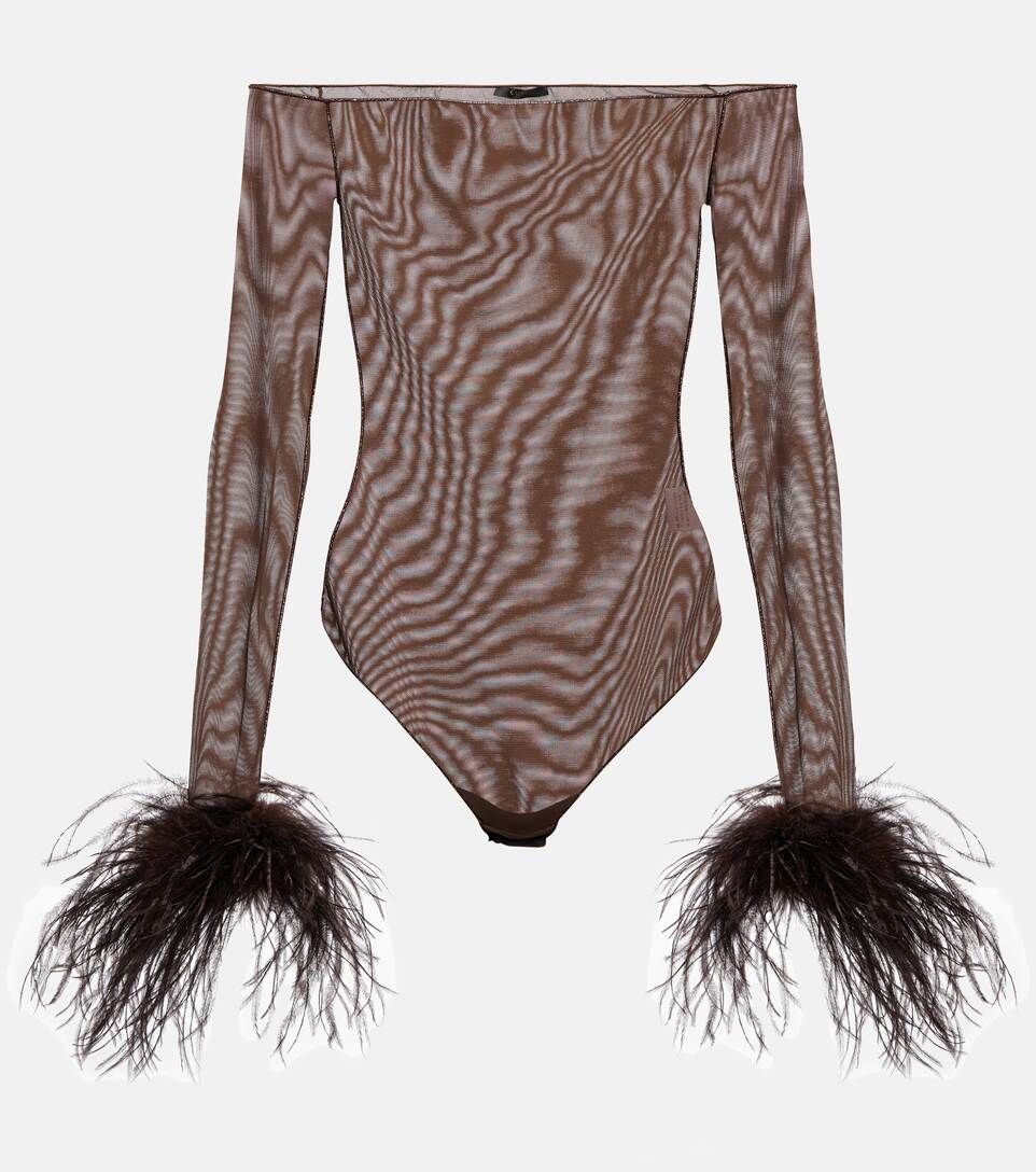 Feather-trimmed mesh bodysuit | Mytheresa (UK)