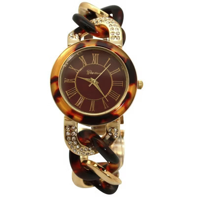 Olivia Pratt Brown Gold and Rhinestones Chain Tortoise Strap Women Watch | Target