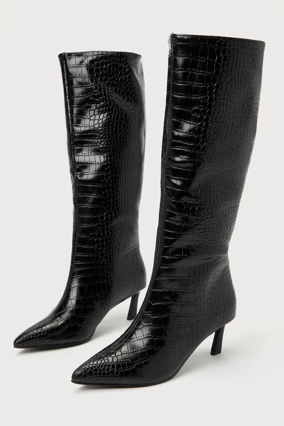 Lavan Black Croc-Embossed Leather Kitten Heel Knee-High Boots | Lulus