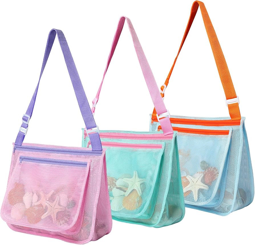3 Pcs Seashell Collecting Bag for Kids,Beach Mesh Bag with Adjustable Shoulder Straps,Beach Toys ... | Amazon (US)