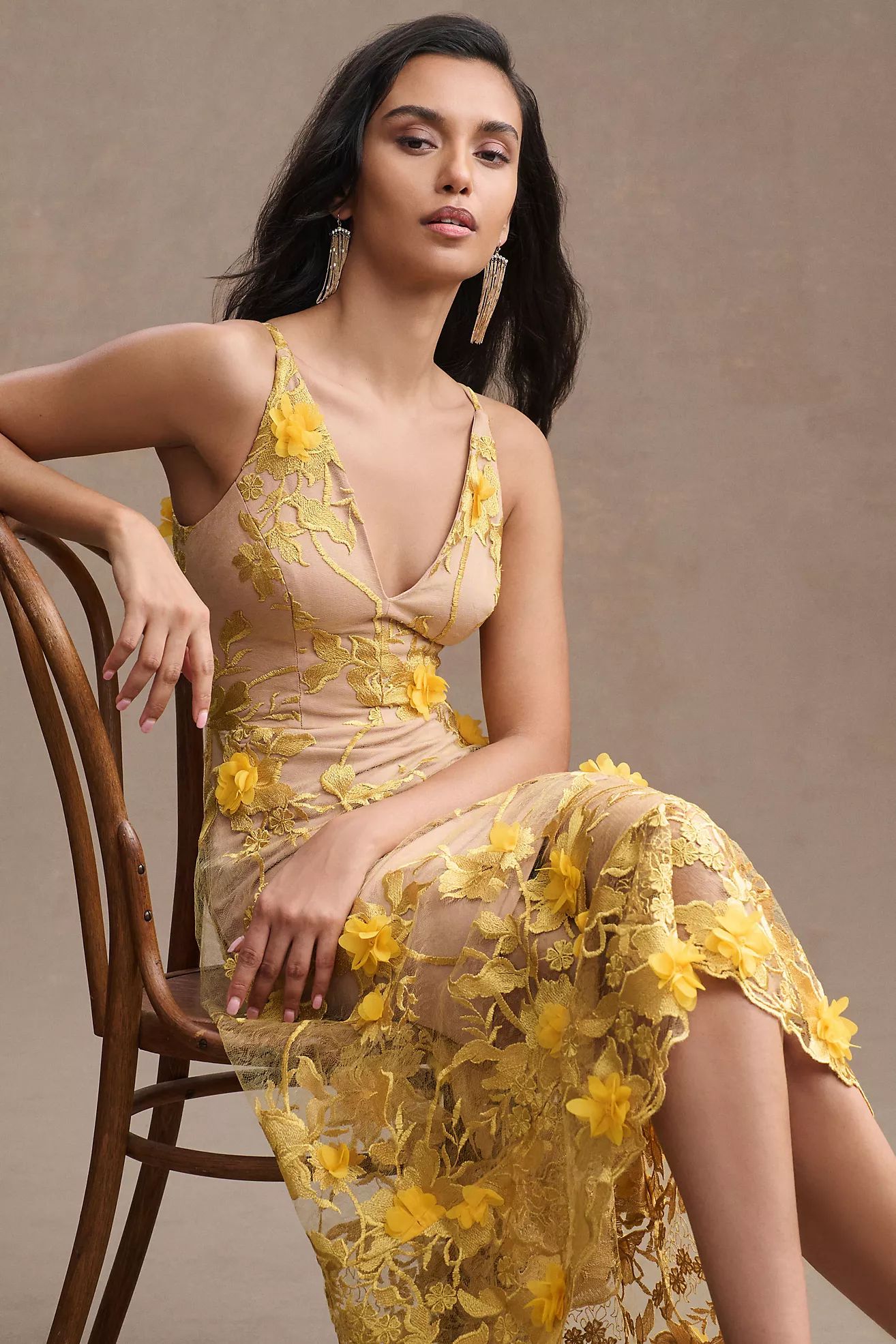Dress The Population Audrey Fit & Flare Sheer Lace Floral Appliqué Midi Dress | Anthropologie (US)