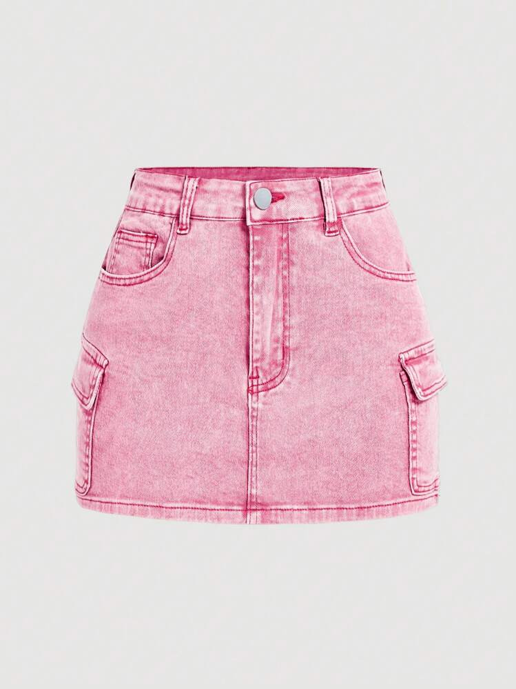 SHEIN MOD Women's Casual Washed Cargo Denim A-Line Skirt, Summer | SHEIN