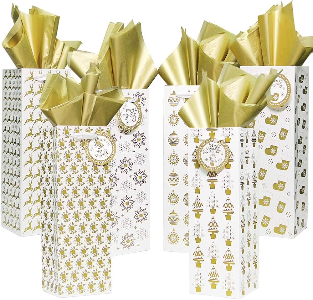 Lulu Home 12 Pcs Golden Bottle Gift Bags with Tissue Paper, Heavy Duty Xmas Bottle Cover with Tag... | Amazon (US)