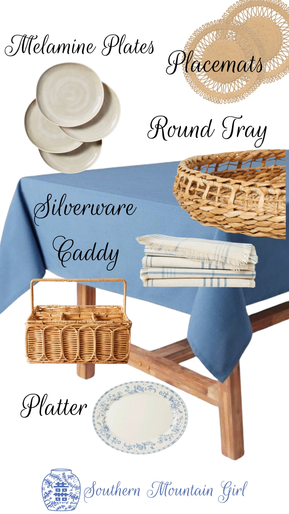 Set a pretty blue and white table with all things Target!!  Loving the melamine plates and rattan accents. The tablecloth and napkins  are great quality and need little ironing. Target. Target home. Set the table. Blue and white table. Summer table. 

#LTKparties #LTKSeasonal #LTKhome