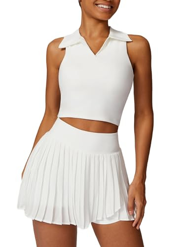ABOCIW Womens Pleated Tennis Skirts Sleeveless V Neck Collar Racerback Workout Crop Tank Tops Sports Bra Golf Skorts Skirts Outfits #1 White X-Large | Amazon (US)
