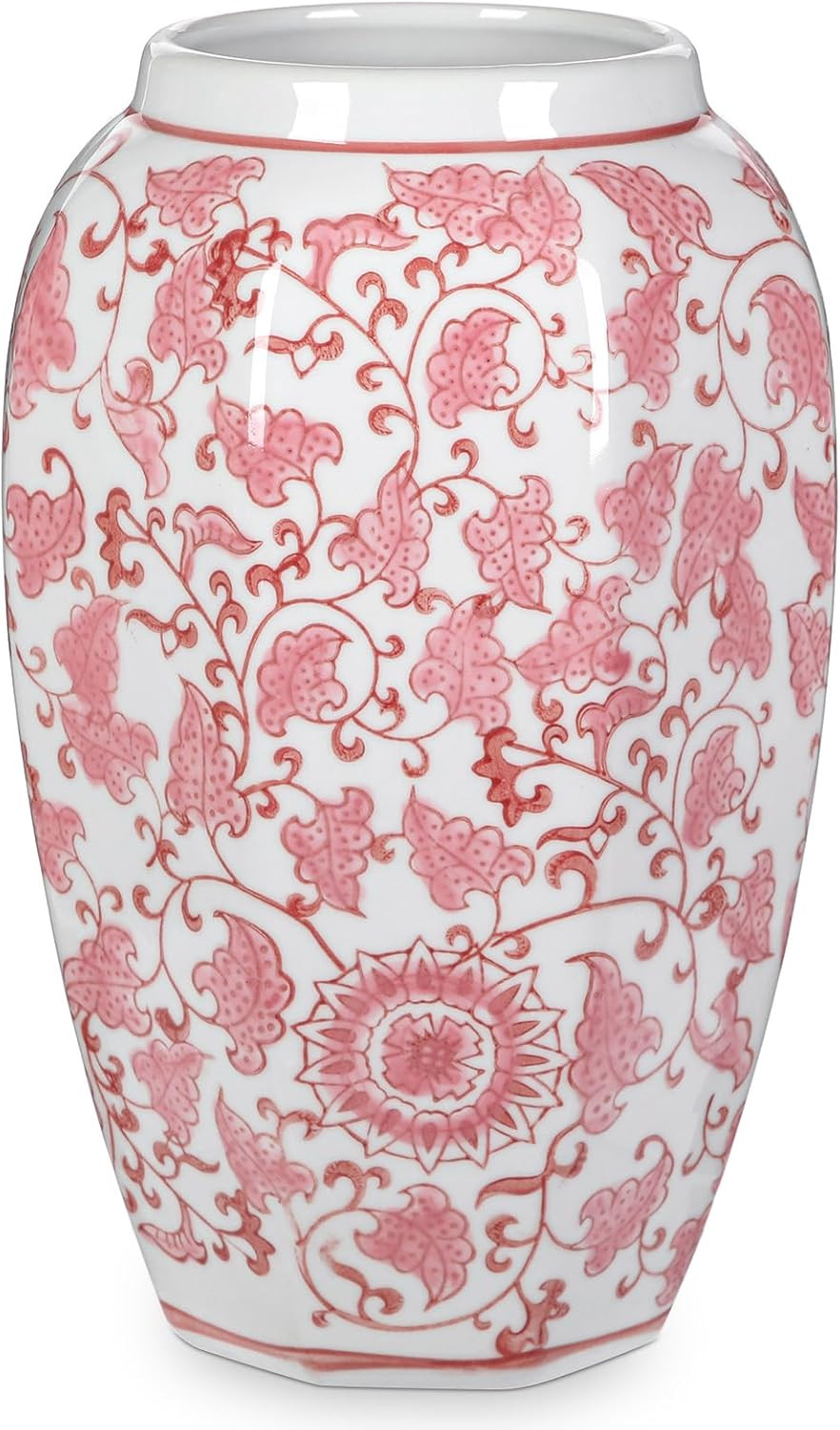 Pink Vase 8.5 Inch Traditional Chinoiserie Floral Vase Porcelain Ginger Jar Octagonal Vases Pink and White Porcelain Decor for Home, Living Room, Kitchen, Mantel, Shelf, Table | Amazon (US)