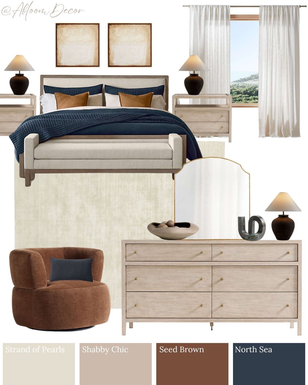 This bedroom design feels calm and cozy with its soft wood tones, creamy neutrals, and rich navy and brown accents. 

#LTKHome