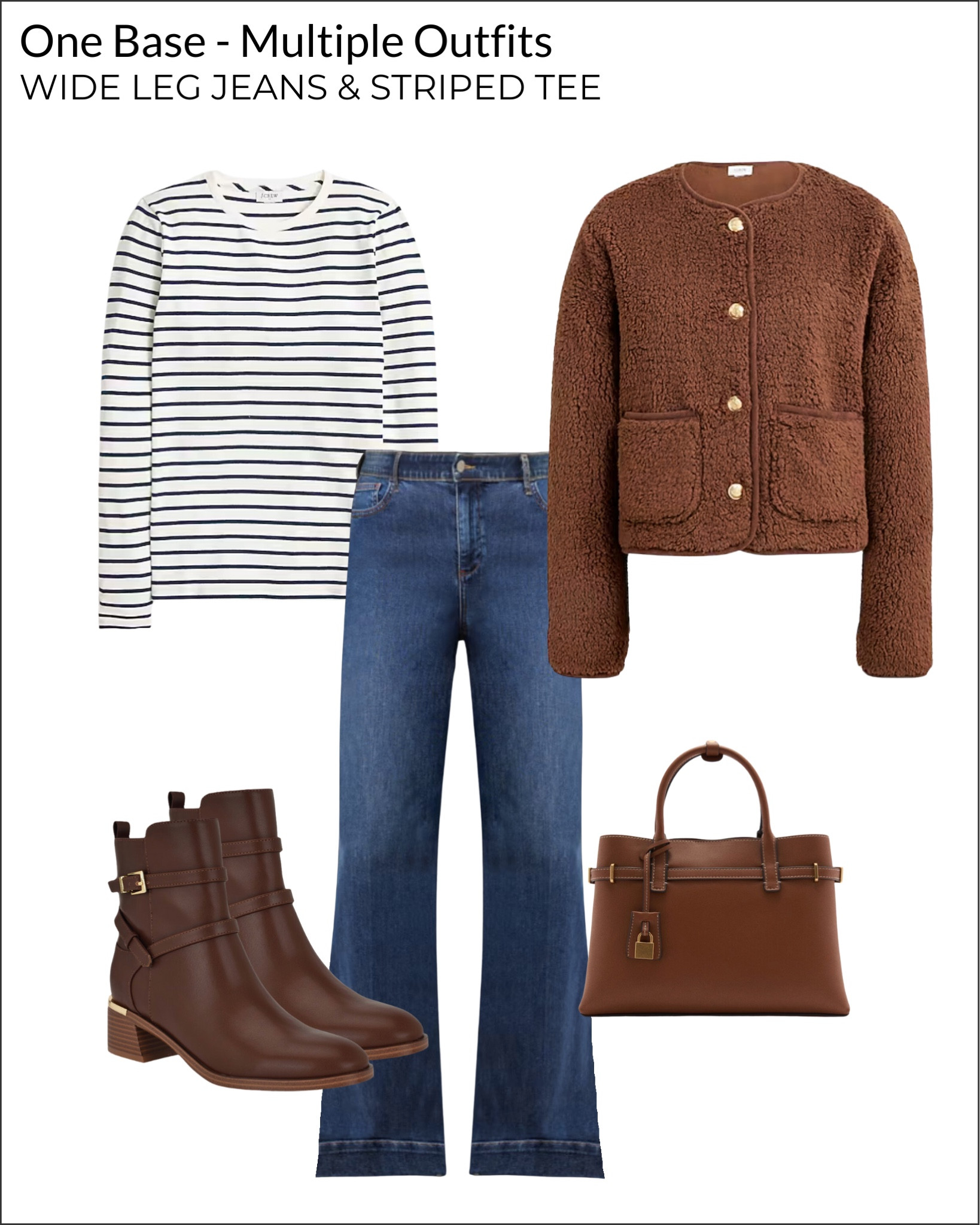 1 Base, 10 Outfits: How To Style Wide Leg Jeans And A Striped Tee In Multiple Budget-Buy Outfits

Sherpa lady jacket, brown ankle boots