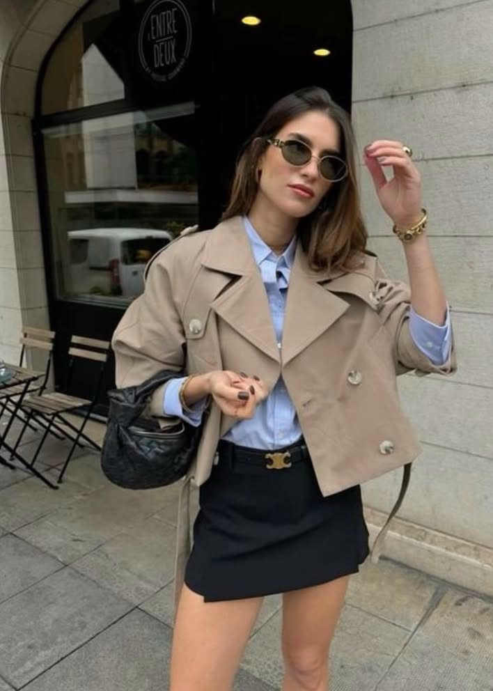 Black mini skirt 
Blue button down shirt 
Black Celine belt 
Black woven bag 

#LTKStyleTip #LTKPetite #LTKWorkwear