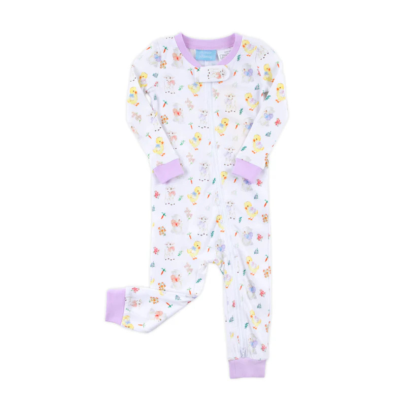 Bunny Lamb & Chick Easter Print Purple Trim Zip Sleeper | Classic Whimsy