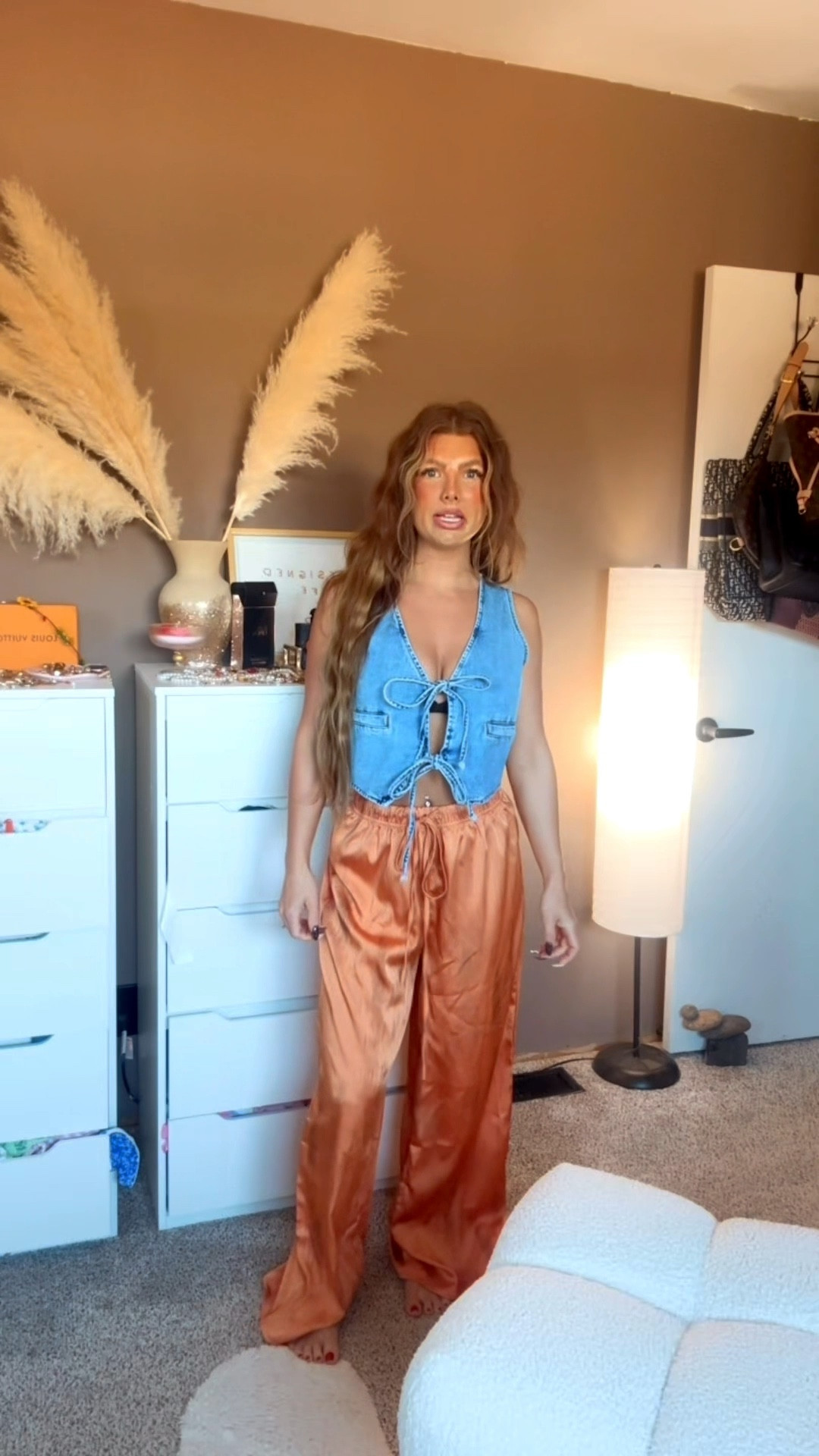 Denim tie top and orange flowey pants 
