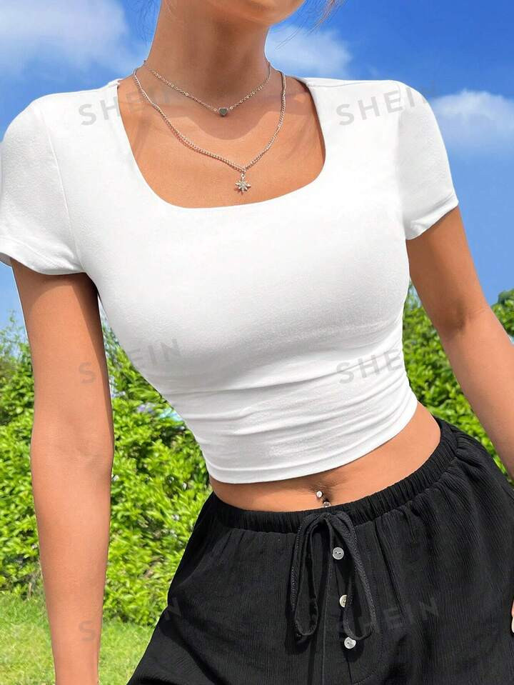 SHEIN EZwear White Knitted Slim Fit Women's T-Shirt | SHEIN