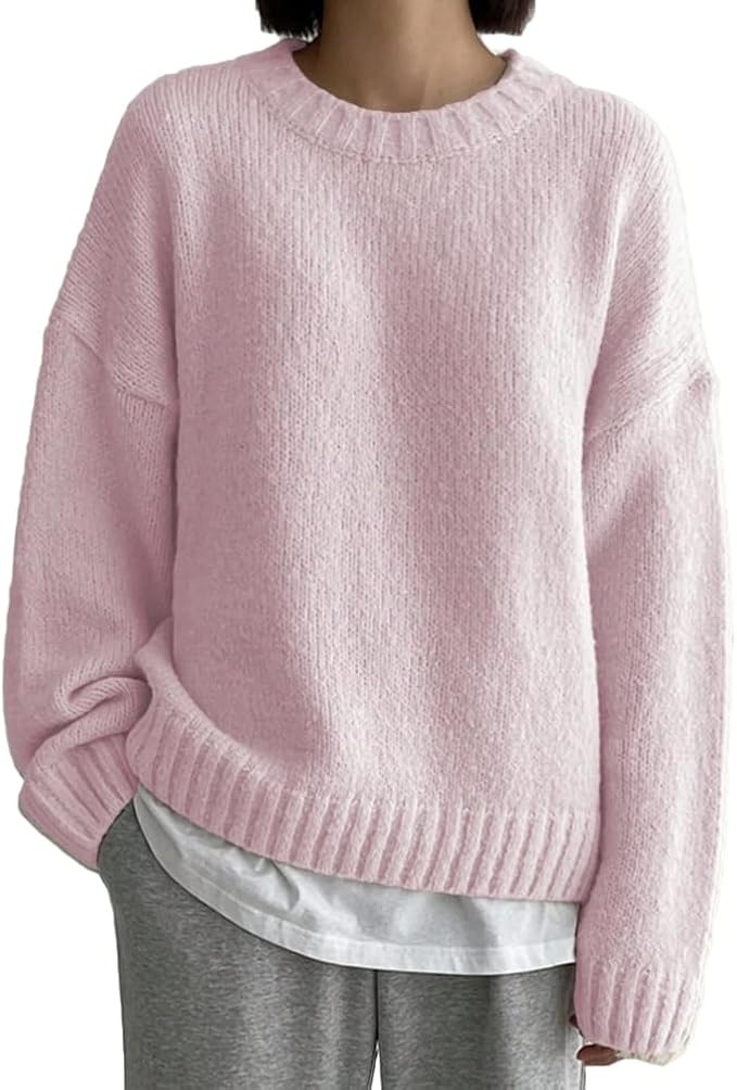 Women Drop Shoulder Crewneck Oversized Fuzzy Knit Sweater Long Sleeve Casual Solid Knitted Chunky... | Amazon (US)