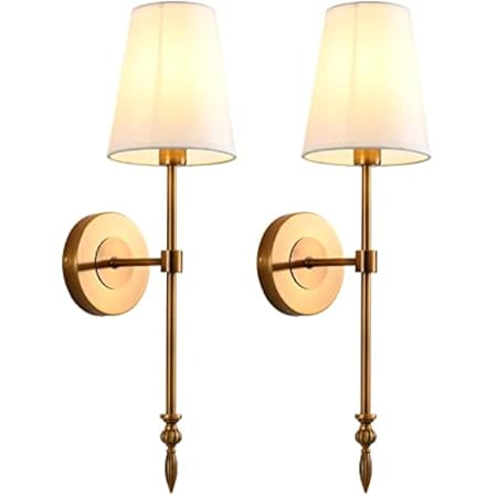 Passica Decor Modern Antique Brass Wall Sconce Set of Two, with Vertical Rod and White Fabric Flared | Amazon (US)