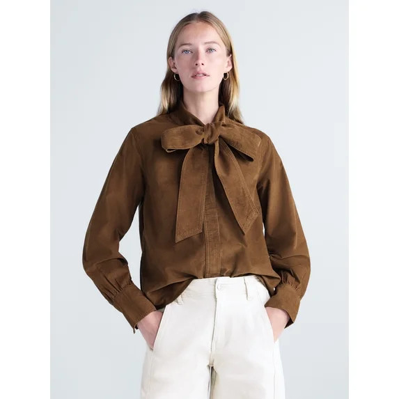 Free Assembly Women's and Women's Plus Tie Neck Corduroy Shirt, Sizes XS-4X | Walmart (US)
