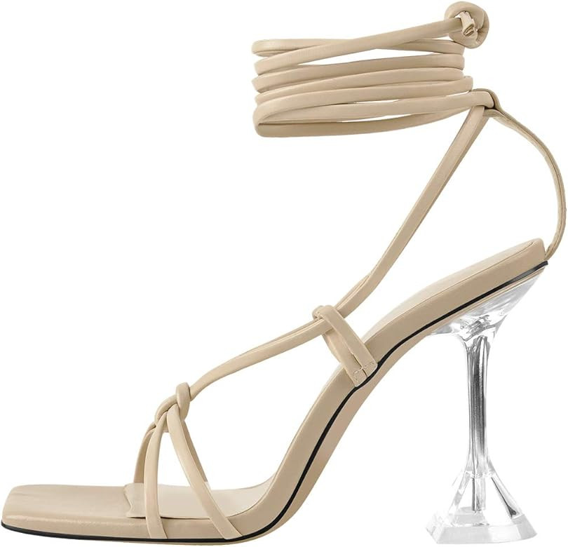 onlymaker Women's Square Toe Sandals Crisscross Strap Clear Block High Heel Lace-up Sandals | Amazon (US)