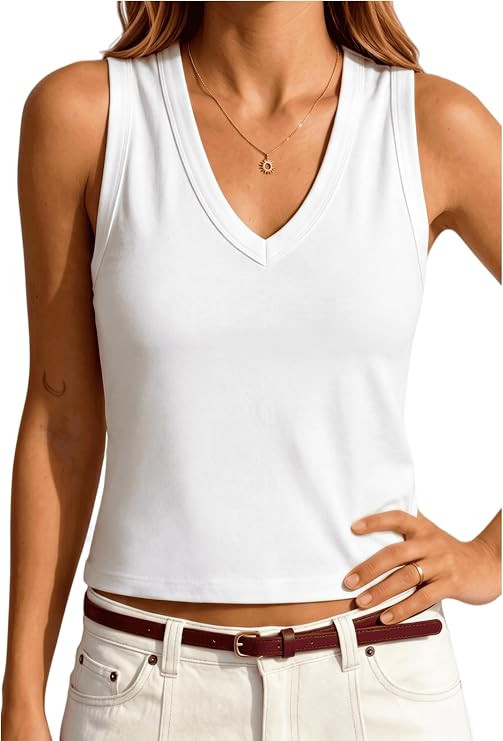 Prettywear Women's V Neck Cropped Tank Tops Cotton Blend Sleeveless T Shirt | Amazon (US)