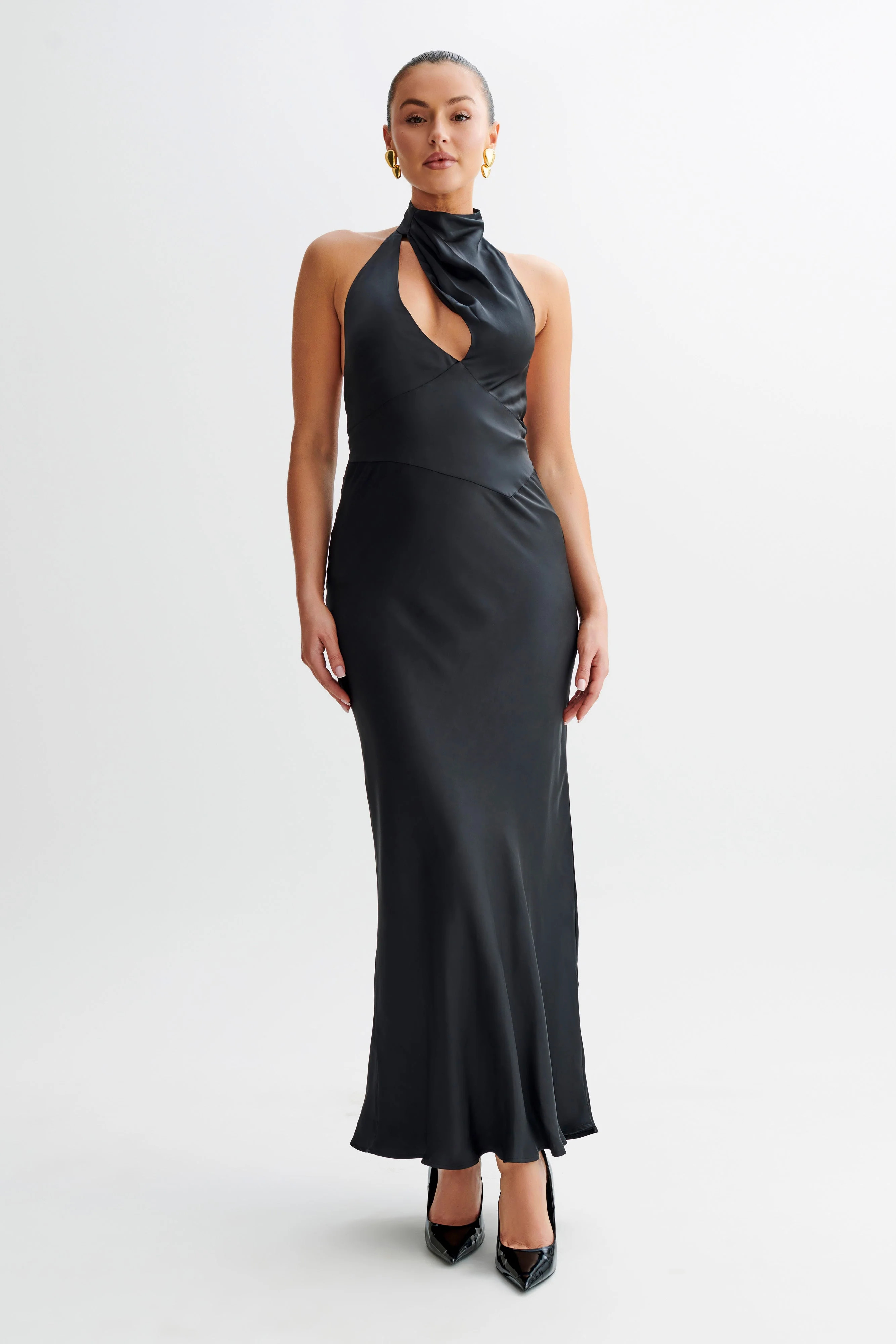 Belladonna Satin Halter Maxi Dress - Black | MESHKI US