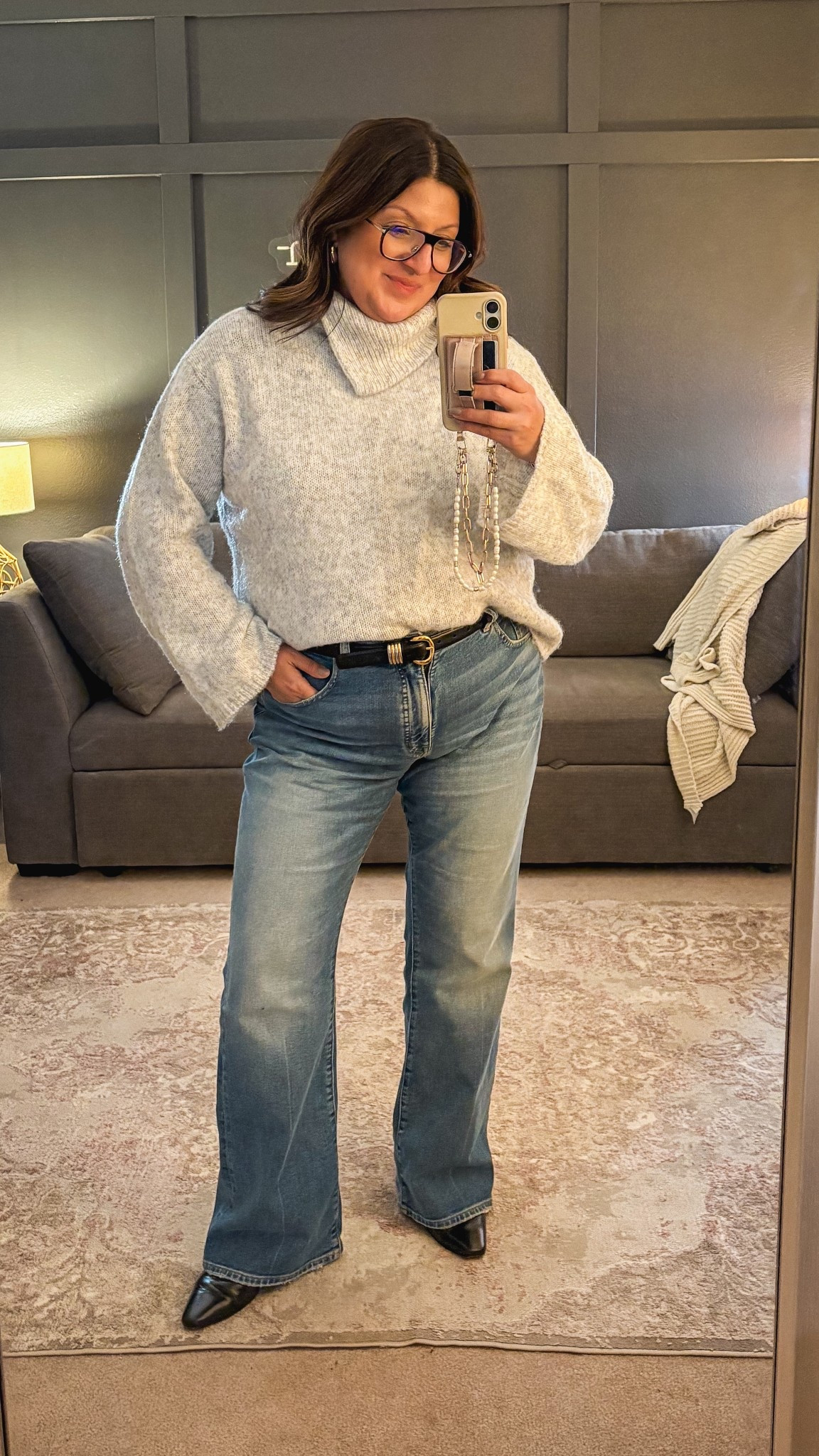 Topshop sweater (XL)
Madewell belt (XL) 
Madewell flares (32)
Madewell boots 

#LTKMidsize #LTKootd #LTKOver40