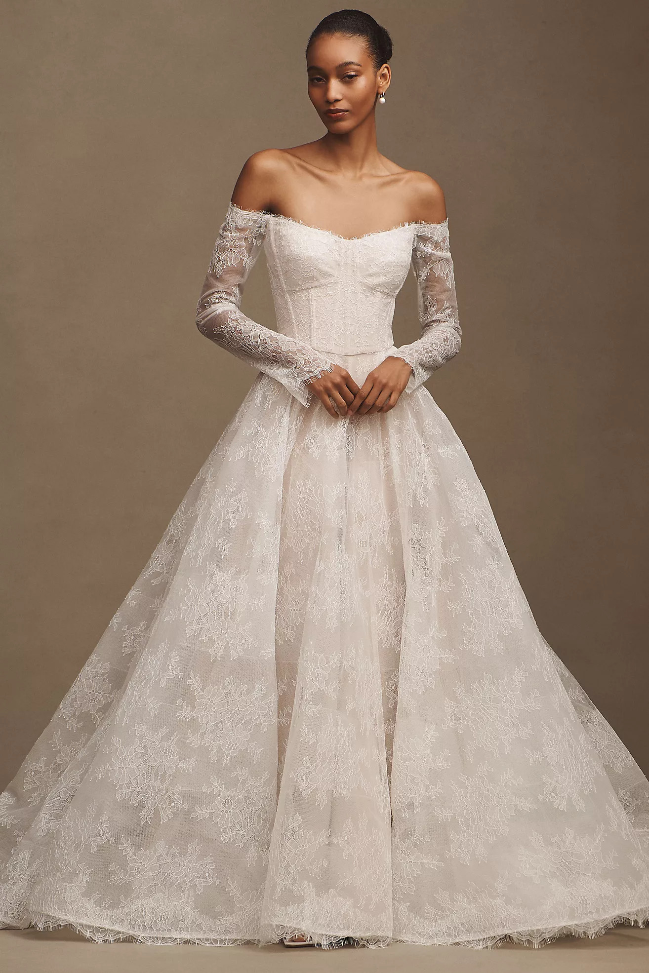 Wtoo by Watters Pendant Lace Off-The-Shoulder Long-Sleeve Ball-Skirt Wedding Gown | Anthropologie (US)