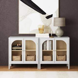 Nathan James Mason Accent Sideboard Buffet with Glass Doors And Adjustable Shelves, Clear Glass/W... | The Home Depot