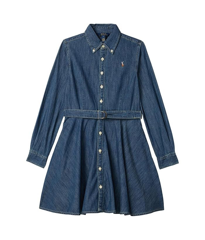 Polo Ralph Lauren Kids Belted Cotton Denim Shirtdress (Big Kids) Girl's Clothing Indigo : 12 Big Kid, Cotton/Denim | Zappos.com