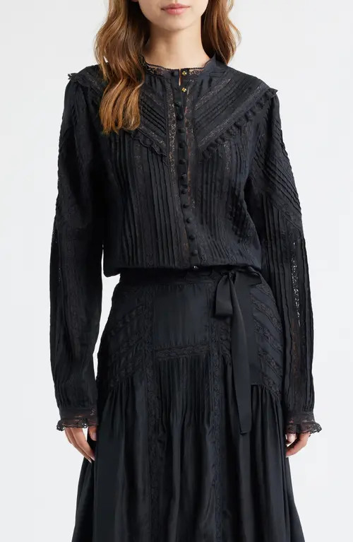 LoveShackFancy Aralina Lace & Ruffle Silk Shirt in Black at Nordstrom, Size Large | Nordstrom